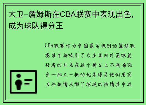 大卫-詹姆斯在CBA联赛中表现出色，成为球队得分王