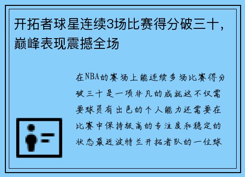 开拓者球星连续3场比赛得分破三十，巅峰表现震撼全场